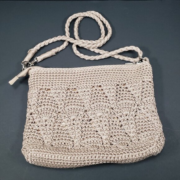 The SAK Crochet Hobo Purse Handbag Woven Bag Tan Crossbody Pockets Zip - Picture 1 of 10